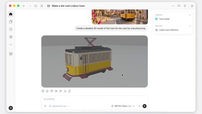 ChatGPT Work window showing a photo of a Lisbon tram, a 3D model of the yellow tram built from it, and the model picker set to GPT-6.1 Terra High