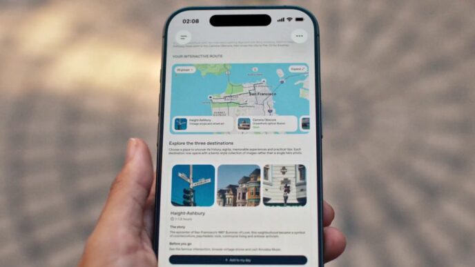Hand holding a smartphone showing a ChatGPT answer with an interactive San Francisco route map and photo cards for Haight-Ashbury