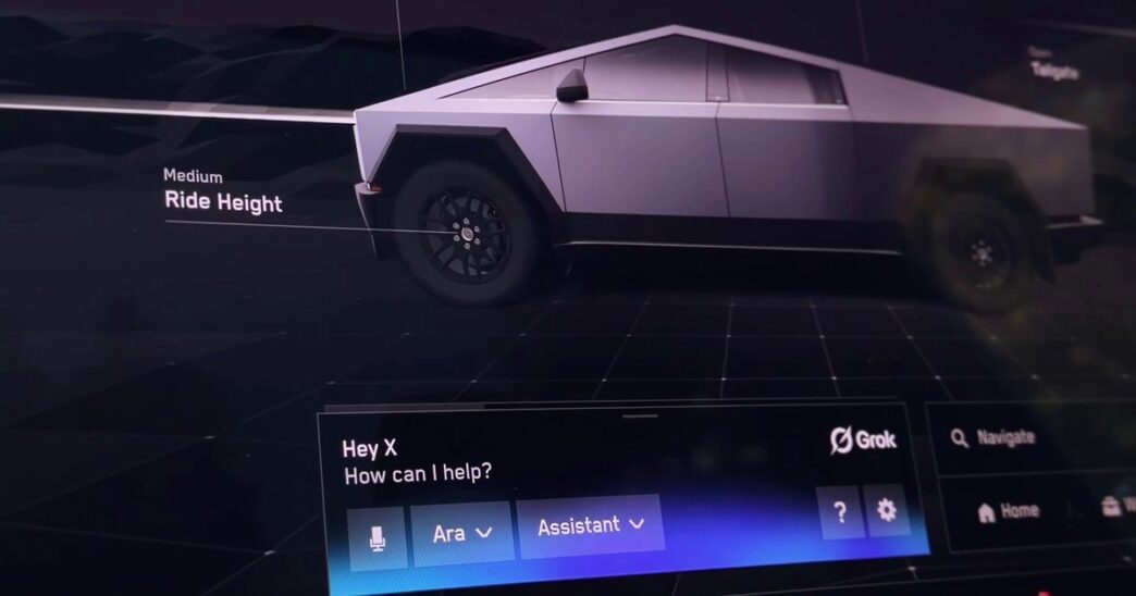 Tesla Cybertruck touchscreen with the Grok voice assistant panel open, reading "Hey X, How can I help?" with the Ara voice and Assistant mode selected, below a 3D render of the truck