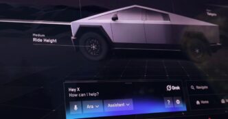 Tesla Cybertruck touchscreen with the Grok voice assistant panel open, reading "Hey X, How can I help?" with the Ara voice and Assistant mode selected, below a 3D render of the truck