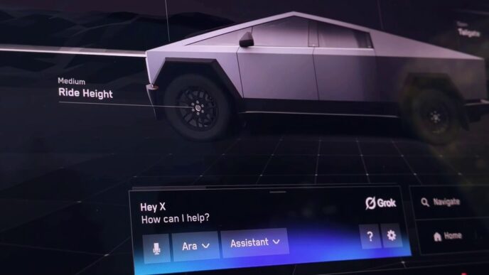 Tesla Cybertruck touchscreen with the Grok voice assistant panel open, reading "Hey X, How can I help?" with the Ara voice and Assistant mode selected, below a 3D render of the truck