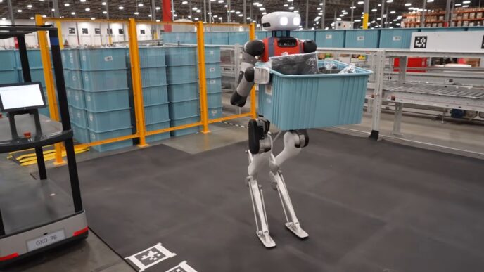 Agility Robotics' Digit humanoid robot, with a white head and red chest, walking across a warehouse floor carrying a blue plastic tote, past orange safety fencing, stacked totes and a conveyor