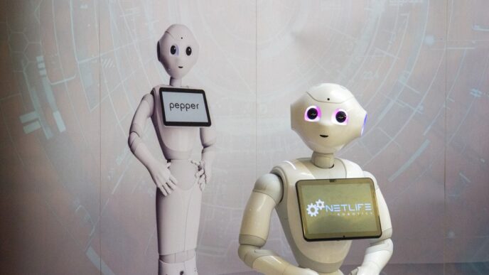 White Pepper humanoid robot by SoftBank Robotics with a tablet screen on its chest, standing in front of a second Pepper