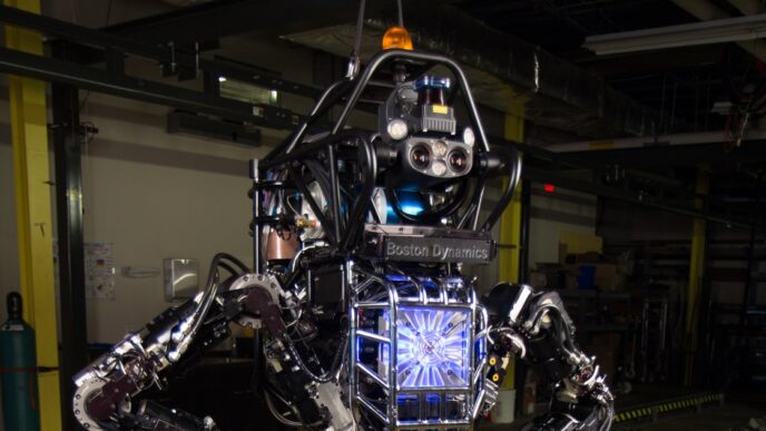 Hydraulic Boston Dynamics Atlas humanoid from the DARPA program in a test bay, exposed hydraulic joints, hoses and sensor head visible
