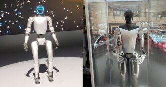 A Unitree G1 humanoid robot standing on a lit stage, next to a Tesla Optimus humanoid robot displayed in a glass case