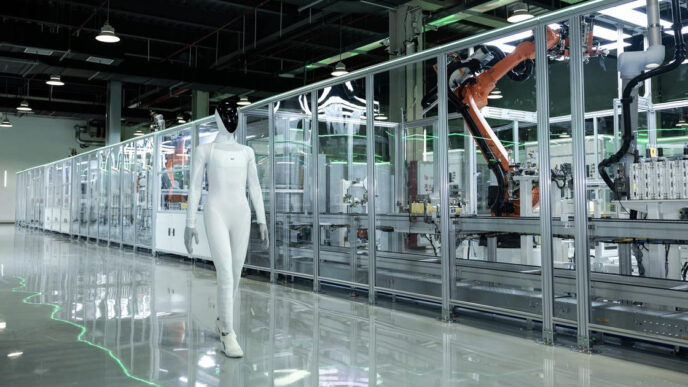 White XPENG IRON humanoid robot with a black face walking on a polished floor beside a glass-walled automated production line with orange industrial robot arms