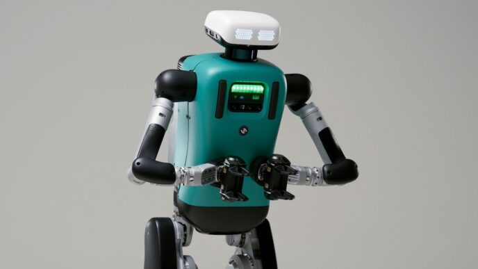 Agility Robotics Digit humanoid with a teal torso, glowing green chest lights and white head unit, against a grey studio backdrop