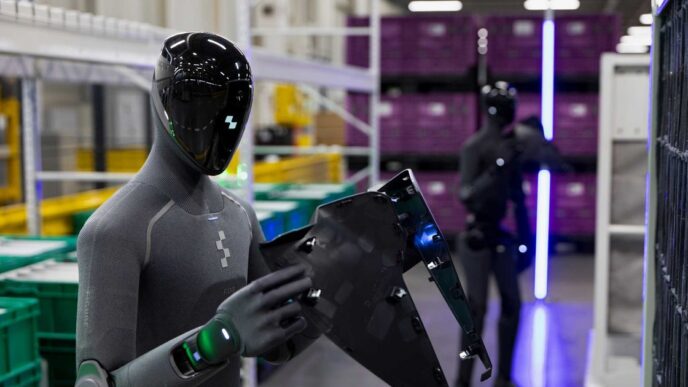 Dark grey Figure 03 humanoid robot holding a black plastic car body part beside green parts bins at BMW Group Plant Spartanburg, with a second Figure 03 working in the background