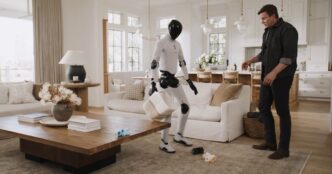 White Figure 03 humanoid robot carrying a fabric basket while tidying toys in a bright living room as a man in a dark shirt watches beside a sofa