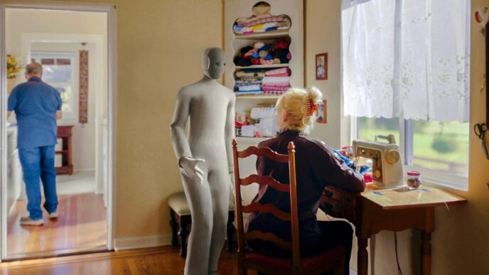 1X NEO humanoid robot in a grey knit suit standing in a home sewing room while a woman works at a sewing machine and a man walks through a doorway