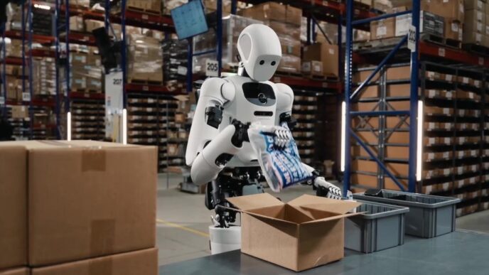 Apptronik Apollo humanoid robot packing an item into a cardboard box in a warehouse with tall shelving