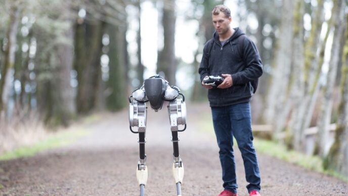 Cassie bipedal robot on a forest path beside a researcher holding a remote control