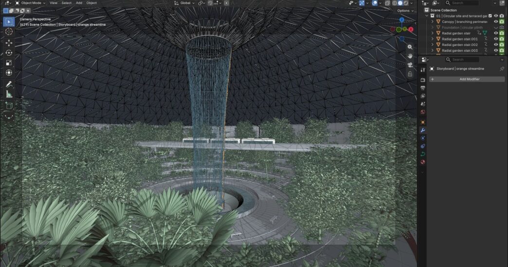 A Blender window showing a 3D indoor rainforest valley under a glass dome, with a tall waterfall column in the centre, terraced garden stairs and dense tropical plants