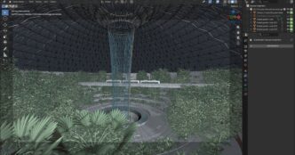 A Blender window showing a 3D indoor rainforest valley under a glass dome, with a tall waterfall column in the centre, terraced garden stairs and dense tropical plants