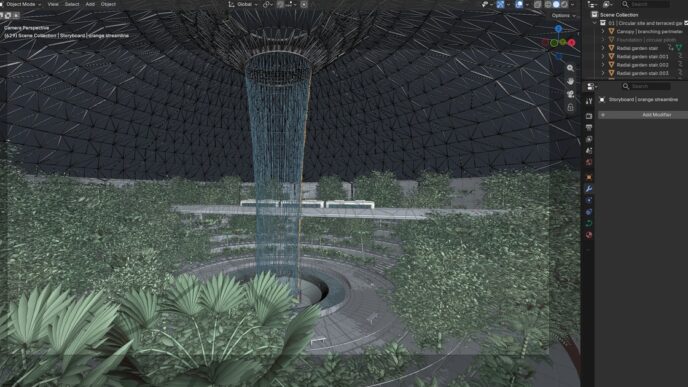 A Blender window showing a 3D indoor rainforest valley under a glass dome, with a tall waterfall column in the centre, terraced garden stairs and dense tropical plants