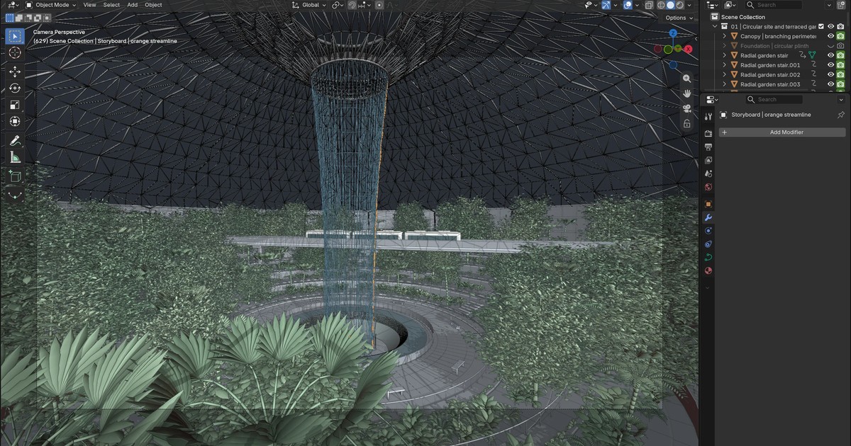 A Blender window showing a 3D indoor rainforest valley under a glass dome, with a tall waterfall column in the centre, terraced garden stairs and dense tropical plants