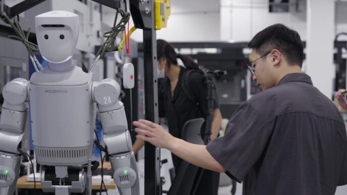 A silver Robros IGRIS-C humanoid robot with a rounded white head and the number 24 on its shoulder hangs in a support frame beside machine tools while an engineer adjusts it