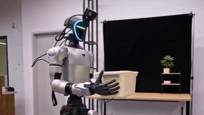 Silver Unitree G1 humanoid with a glowing visor and a head-mounted camera carrying a storage box toward a table in the Lambda-0 project video