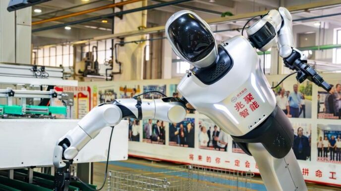 Humanoid robot placing an auto part at a workstation on a Hangzhou auto-parts production line, photographed October 13, 2026