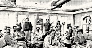 A dithered black-and-white group photo of about a dozen people sitting and standing in an office lounge, published on Inception's website