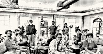 A dithered black-and-white group photo of about a dozen people sitting and standing in an office lounge, published on Inception's website