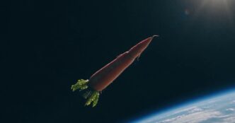 A carrot-shaped rocket with green leafy fins flies above the curve of the Earth in MiniMax's Space Bunny teaser video
