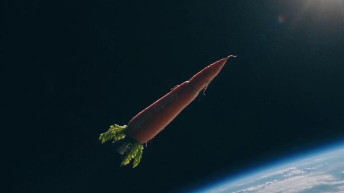 A carrot-shaped rocket with green leafy fins flies above the curve of the Earth in MiniMax's Space Bunny teaser video