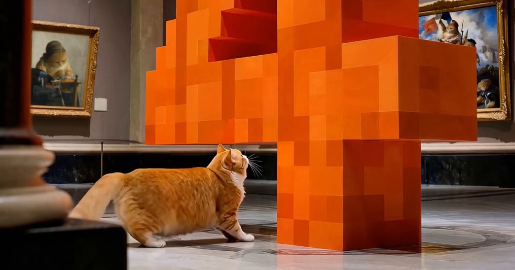An orange cat walks through a marble art gallery toward a giant orange pixel-block sculpture of the number 4, a still from Mistral's Large 4 launch video