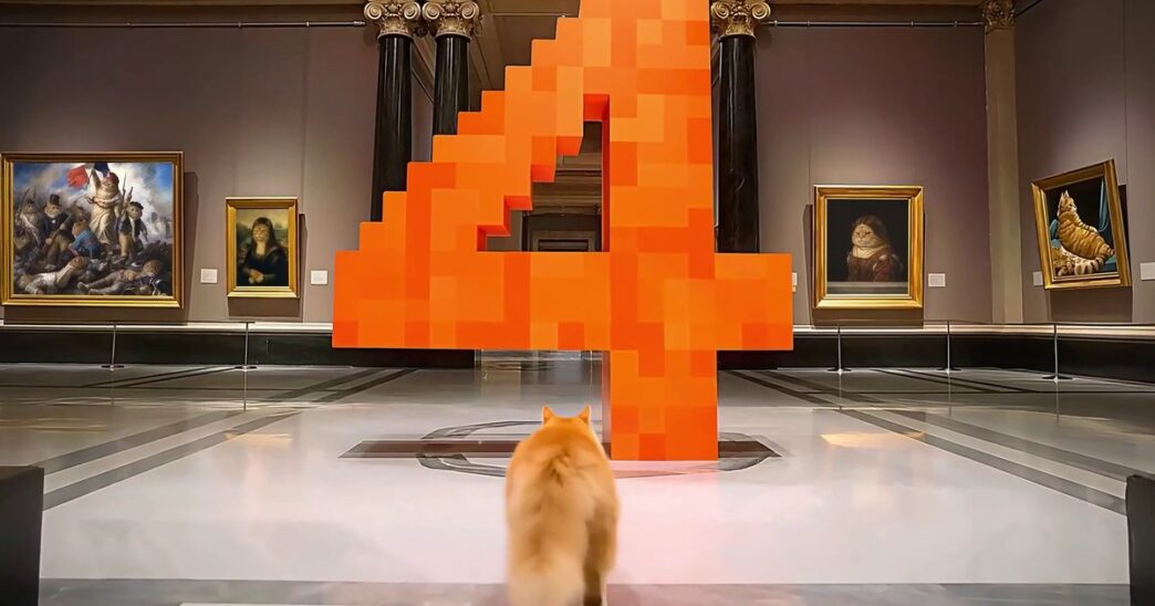 Orange long-haired cat faces a giant pixelated orange number 4 in a classical art gallery lined with cat-parody paintings