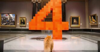 Orange long-haired cat faces a giant pixelated orange number 4 in a classical art gallery lined with cat-parody paintings