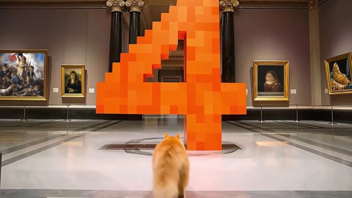 Orange long-haired cat faces a giant pixelated orange number 4 in a classical art gallery lined with cat-parody paintings