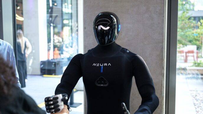 NEURA's 4NE1 Gen 4 humanoid robot with a glossy black head and black fabric skin shaking hands with a visitor in a glass-walled lobby