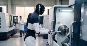 NEURA 4NE1 humanoid robot in a factory holds a metal part at an open CNC machine, with a worker walking in the background