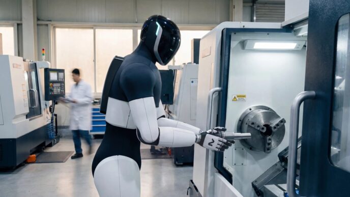 NEURA 4NE1 humanoid robot in a factory holds a metal part at an open CNC machine, with a worker walking in the background