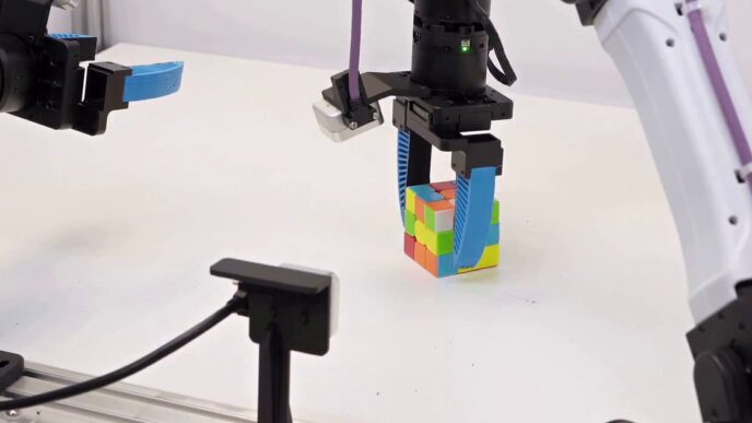 A black robot gripper with blue soft fingers grasping a Rubik's Cube on a white table, with a second robot arm and gripper reaching in from the left and a white arm on the right