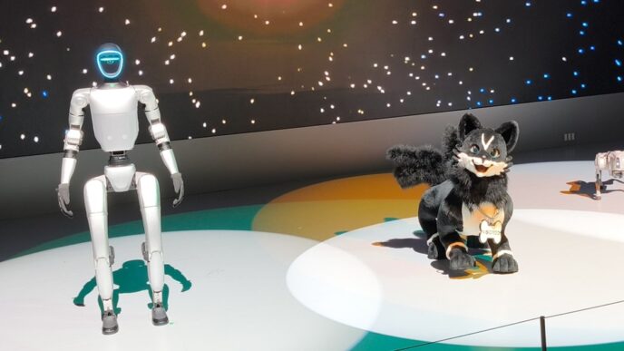 Unitree G1 humanoid robot standing on a lit stage at Japan Mobility Show 2025 beside VISIONOID's black-and-white FOX companion robot
