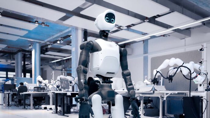 Agile Robots' white and dark gray Agile ONE SN humanoid robot with a round screen face, standing in a large robotics lab with robot arms on workbenches behind it