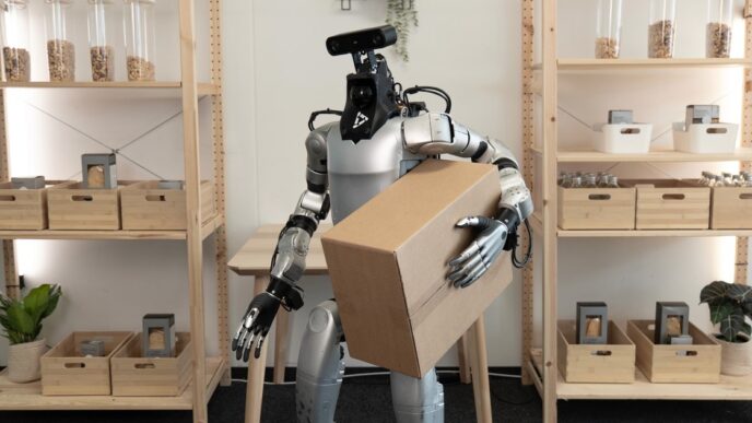 A silver humanoid robot with a black head module holding a cardboard box against its chest in front of wooden shelves
