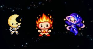 OpenAI's pixel-art mascots for its GPT-6 models, a crescent moon in a spacesuit, a flame-haired figure and a swirling purple galaxy figure, on a starry black background