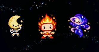 OpenAI's pixel-art mascots for its GPT-6 models, a crescent moon in a spacesuit, a flame-haired figure and a swirling purple galaxy figure, on a starry black background