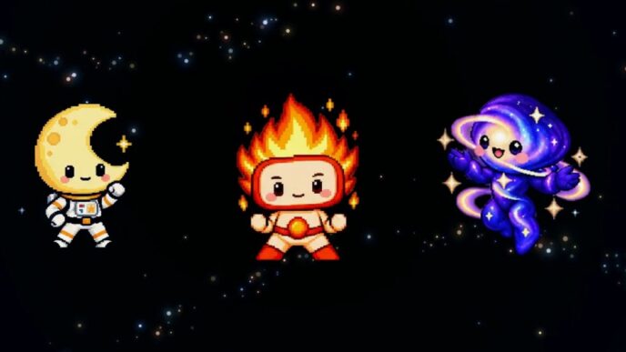 OpenAI's pixel-art mascots for its GPT-6 models, a crescent moon in a spacesuit, a flame-haired figure and a swirling purple galaxy figure, on a starry black background