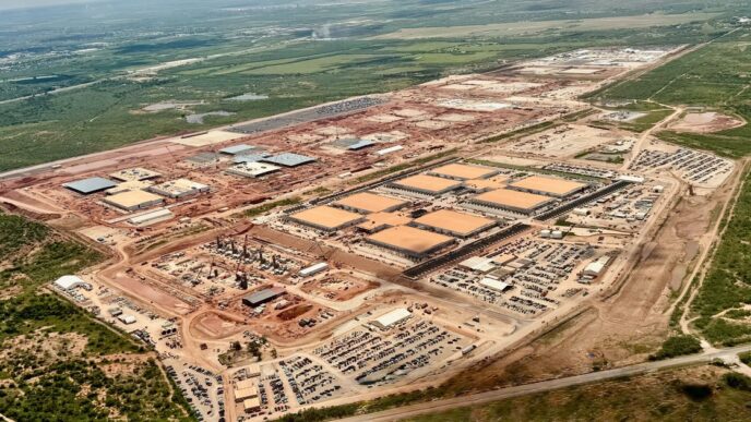 Aerial view of OpenAI's Stargate I data center site in Abilene, Texas, under construction, with rows of tan-roofed buildings, parking lots and red earth surrounded by green Texas scrubland