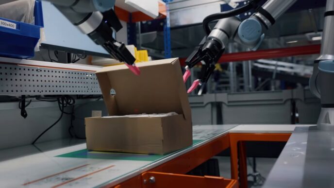 Two silver collaborative robot arms with pink-tipped grippers opening a cardboard return parcel on a packing station in a warehouse