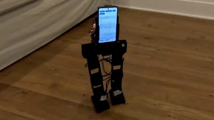 The small black PhoneBot biped robot walks on a wood floor beside a sofa, with an Android phone mounted as its torso