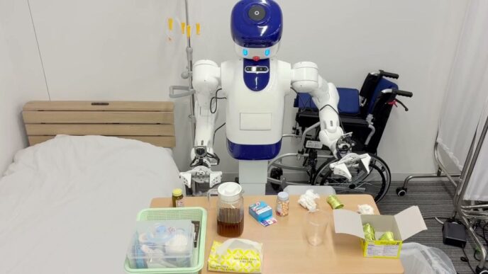 A white and blue robot with two arms and a round camera head working at a bedside table with a pitcher, tissues and medicine bottles next to a hospital bed and a wheelchair