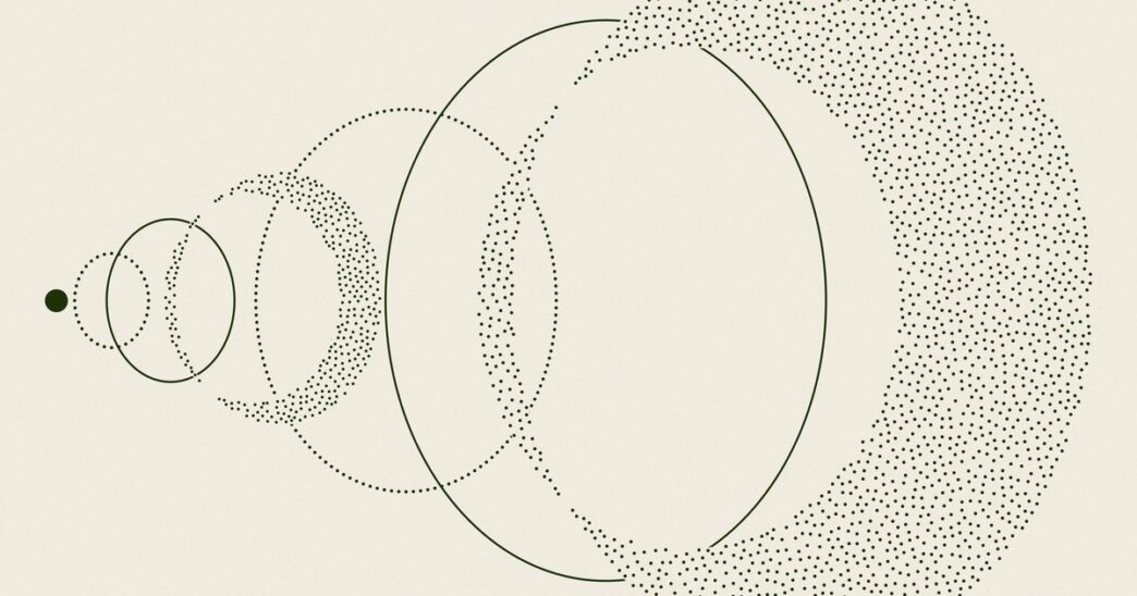 Reflection's Beam launch artwork: dark green concentric dotted and solid rings expanding from a single dot on a cream background