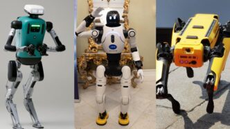 Three robots side by side: an Agility Robotics Digit humanoid with a teal torso, an AgiBot X2 humanoid robot waving at a trade show, and a yellow Boston Dynamics Spot robot dog walking on pavement