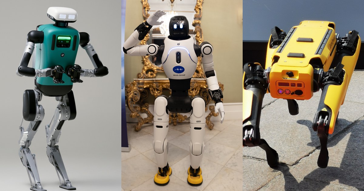 Three robots side by side: an Agility Robotics Digit humanoid with a teal torso, an AgiBot X2 humanoid robot waving at a trade show, and a yellow Boston Dynamics Spot robot dog walking on pavement