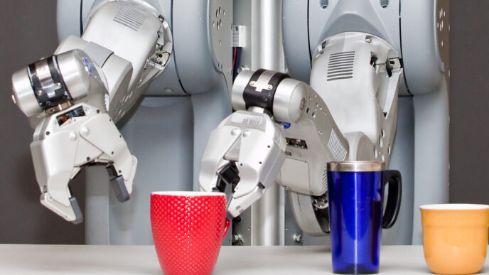 Two arms of a Willow Garage PR2 robot with grippers positioned over a red mug, a blue travel mug and a yellow cup on a table against a dark grey background