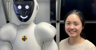 Halodi Robotics collaborative humanoid standing beside a perception engineer in a lab setting, both heads visible